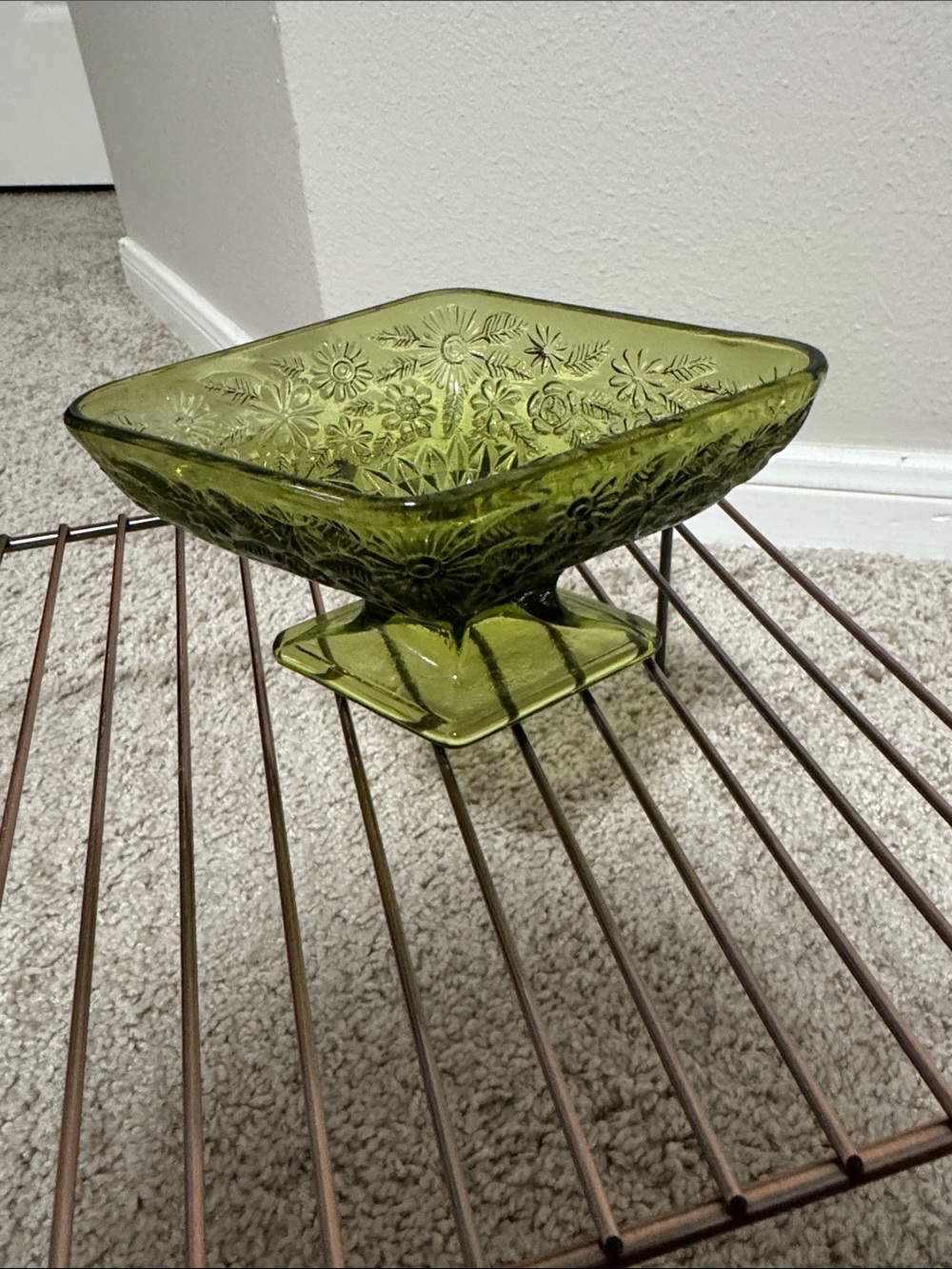 Vintage Indiana Glass Olive Green Daisy Pattern Compote Pedestal Bowl